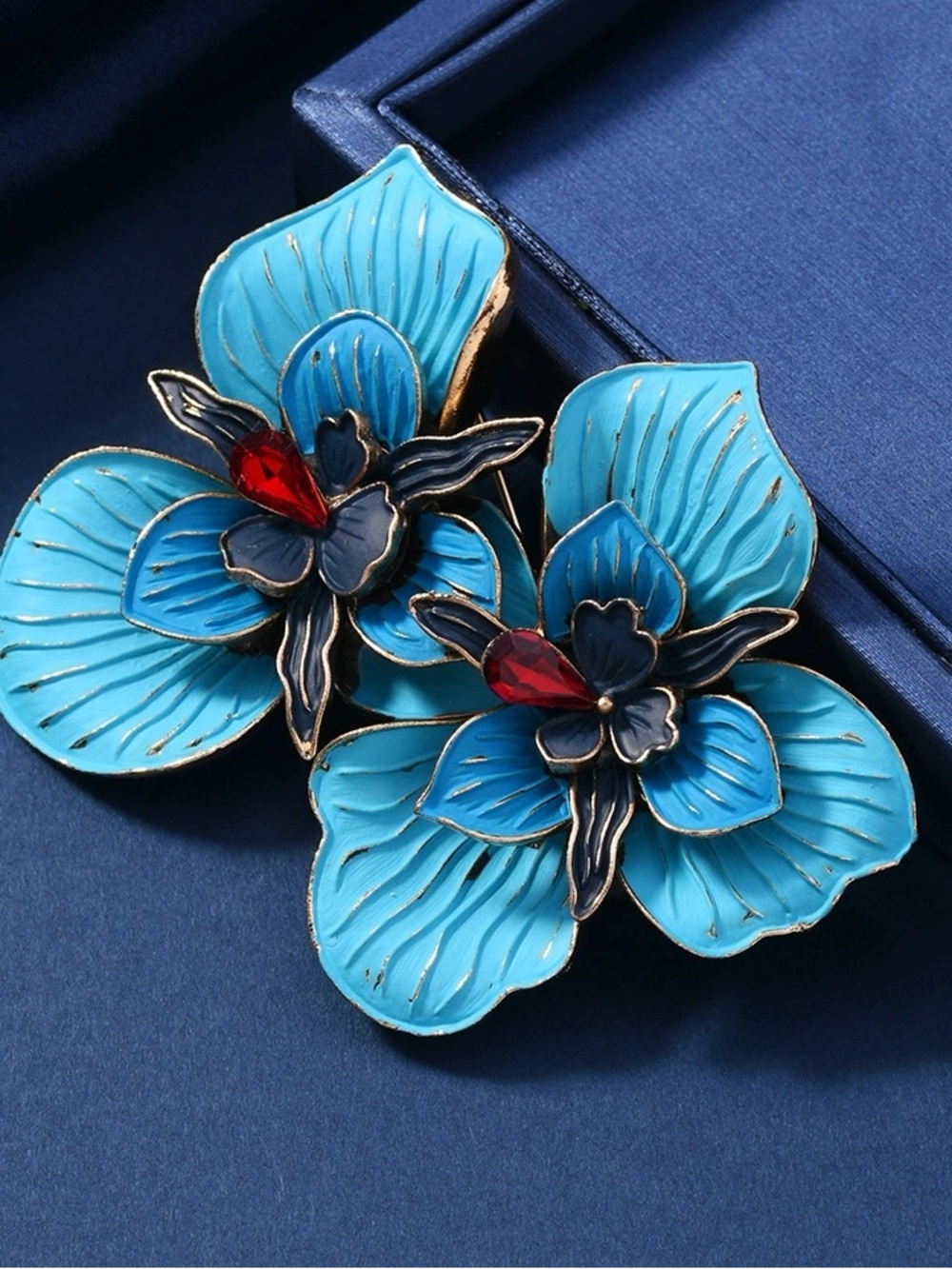 Blue Floral Glass Art Accent with Red Crystal Detail